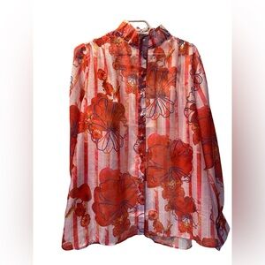 Vibrant Red Floral Sheer Blouse